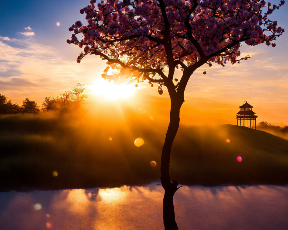 Cherry Blossom Tree in Full Bloom at Sunset with Gazebo Silhouette