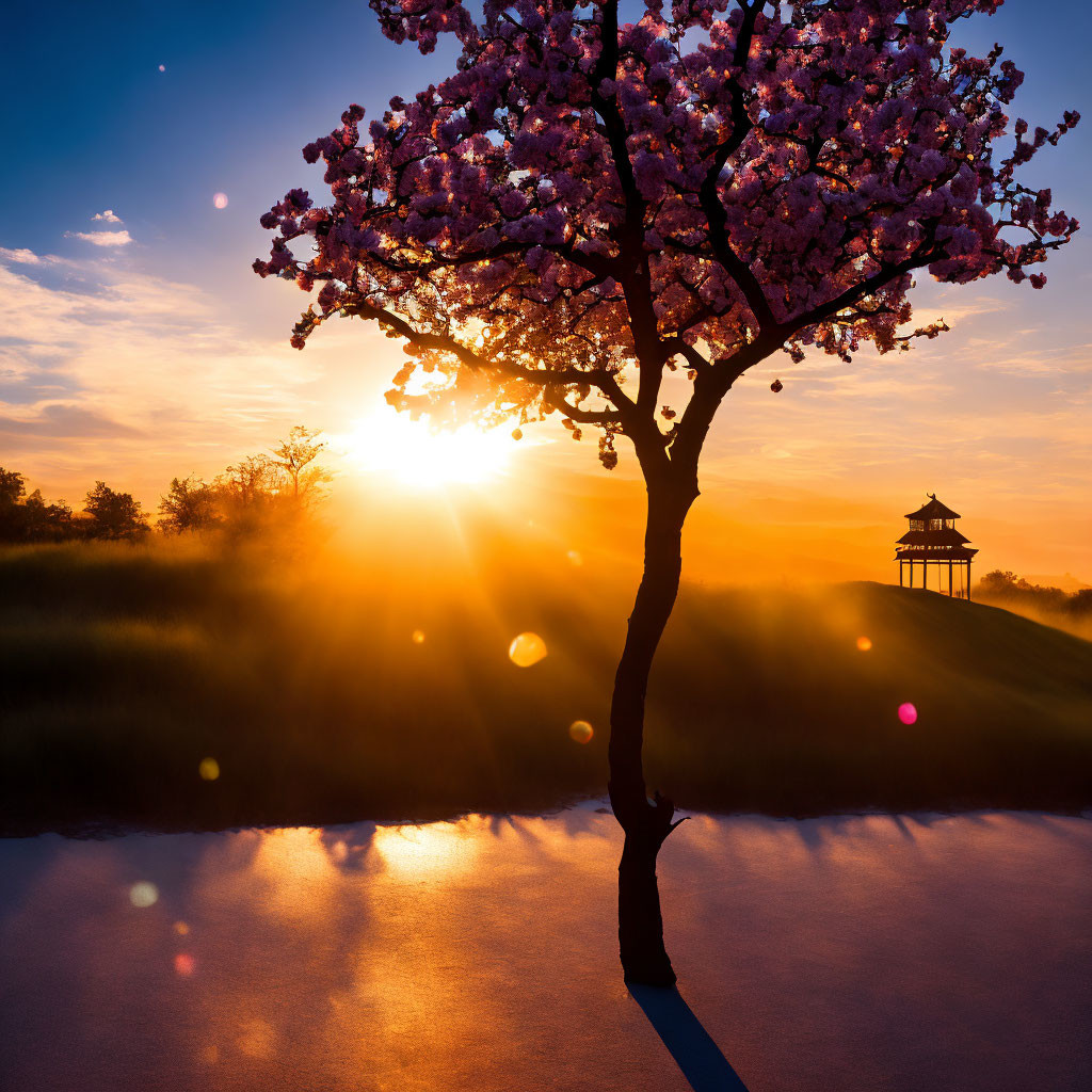 Cherry Blossom Tree in Full Bloom at Sunset with Gazebo Silhouette