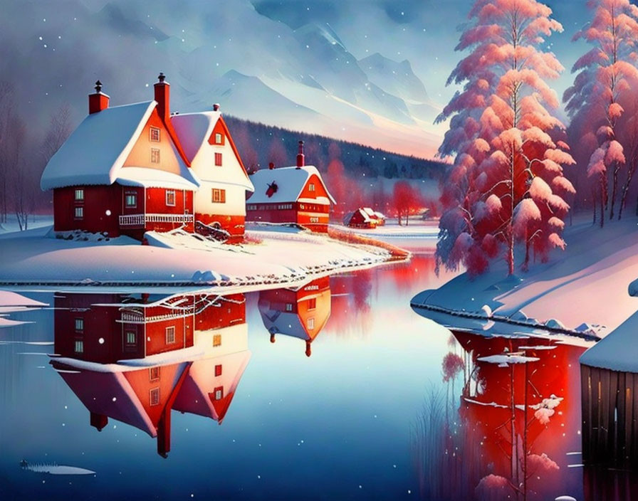 Snow-covered houses by a still river in a tranquil winter dusk scene