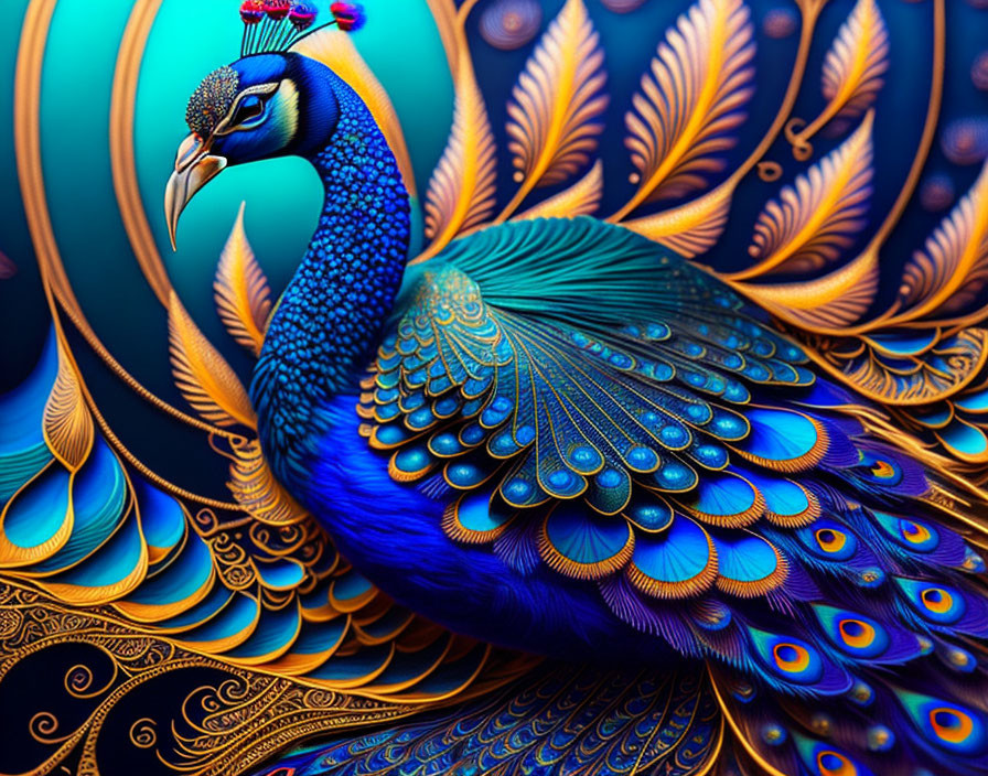 Colorful digital artwork featuring a peacock with blue and gold feathers on a decorative background