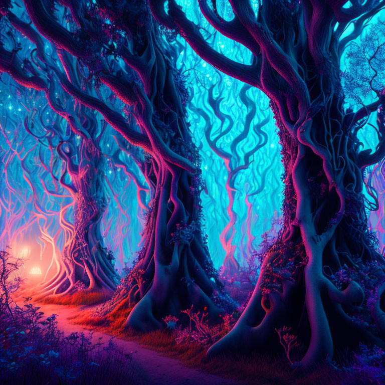 Ethereal forest with twisted trees and glowing lights
