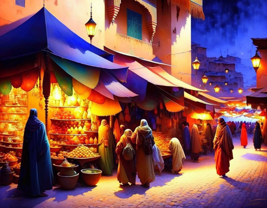 Colorful Night Market Scene with Traditional Clothing and Warm Lights