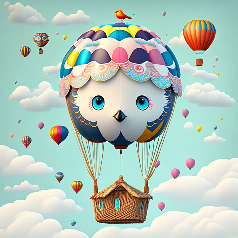Colorful Owl-Faced Hot Air Balloon in Whimsical Sky