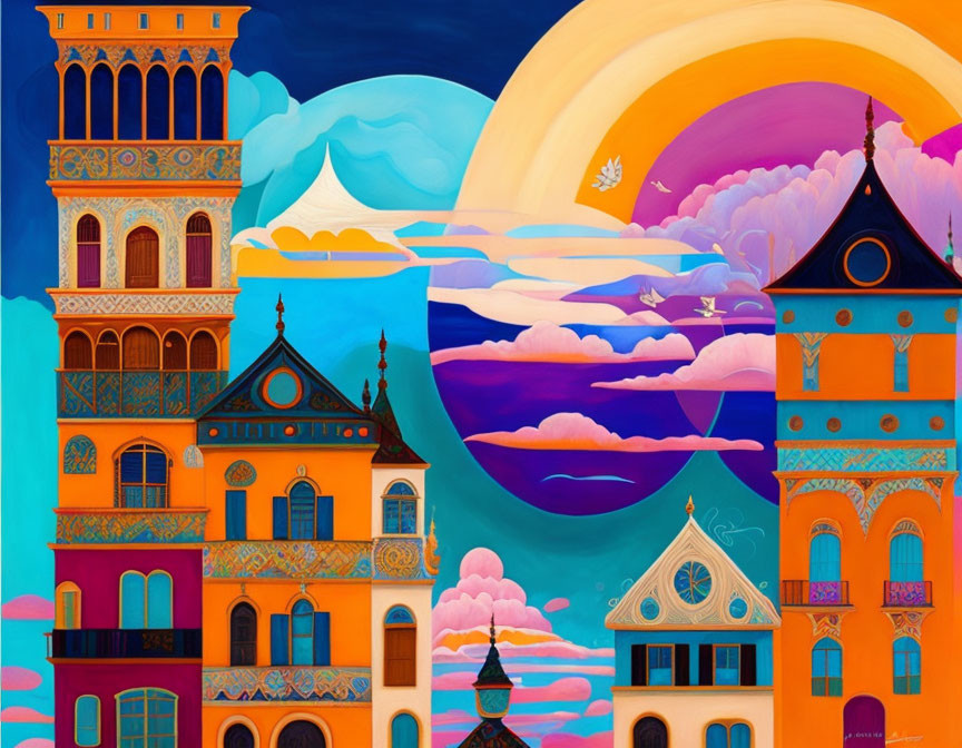 Vibrant painting of European architecture with mountain backdrop