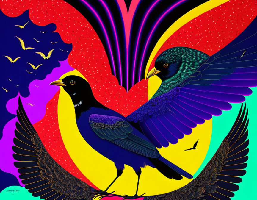 Colorful Stylized Bird Illustration with Spread Wings on Vibrant Background
