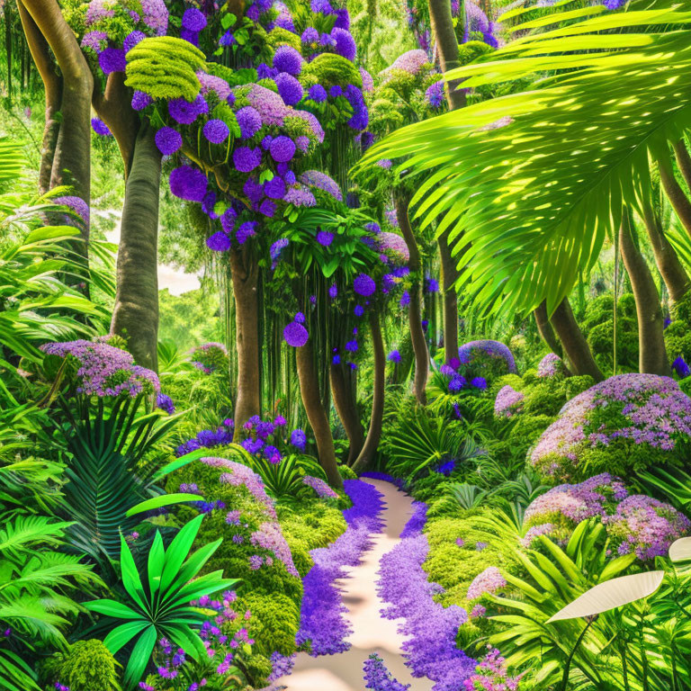 Scenic garden path with purple flowers and lush greenery