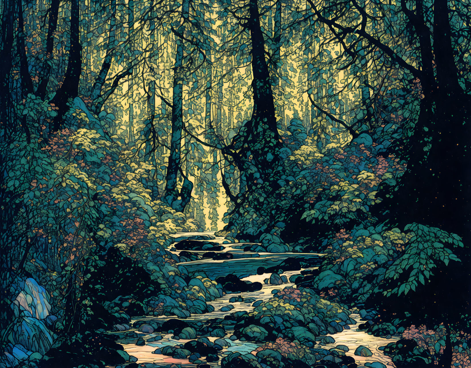 Vibrant forest stream illustration with detailed trees
