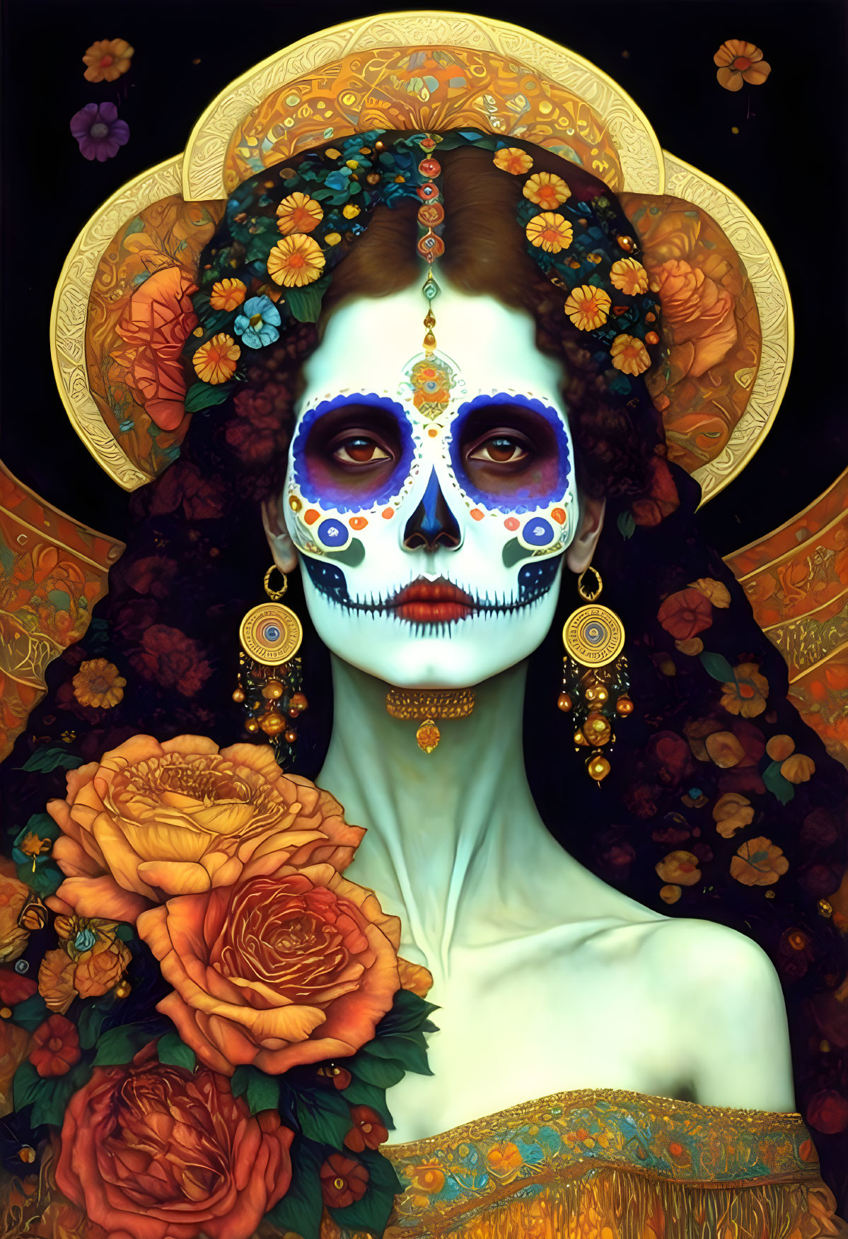 Colorful Dia de los Muertos woman artwork with golden halo and roses