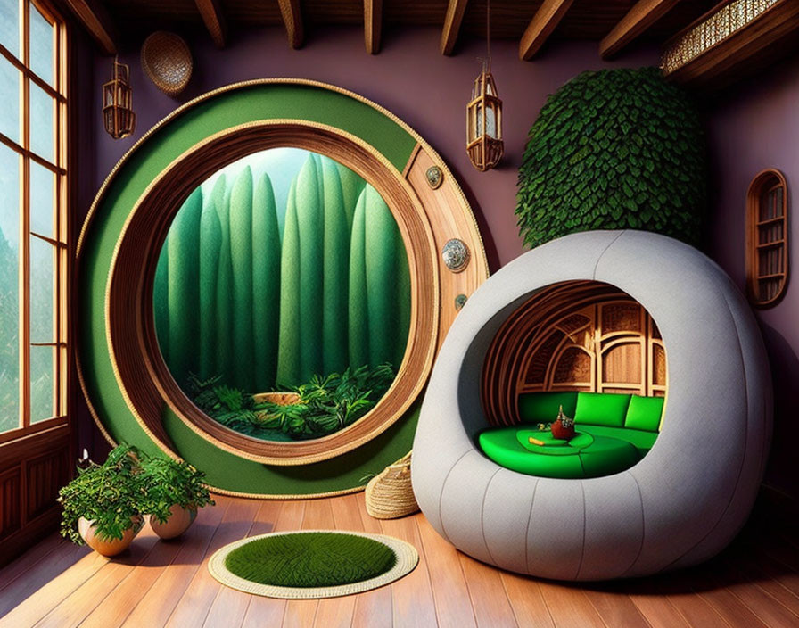 Whimsical Room with Large Round Window and Forest View