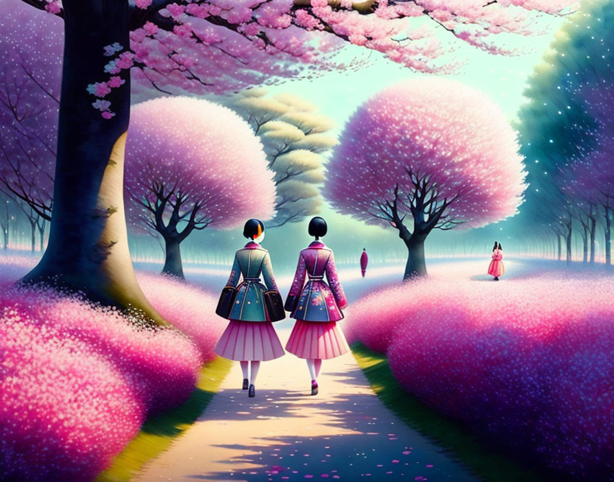Traditional attire individuals walking amidst cherry blossoms and greenery.