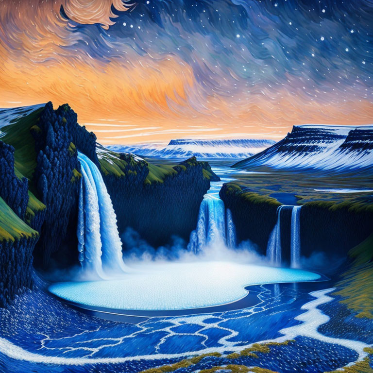 Majestic waterfall painting with starry sky & rock formations