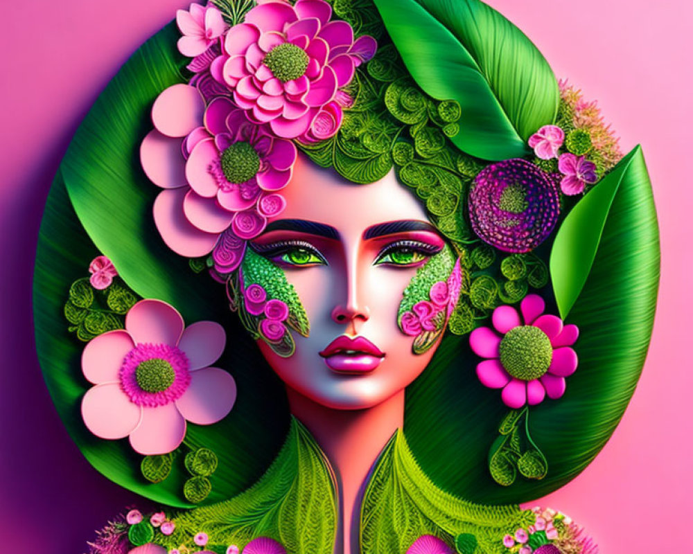Colorful Female Figure with Floral Patterns in Pink and Green
