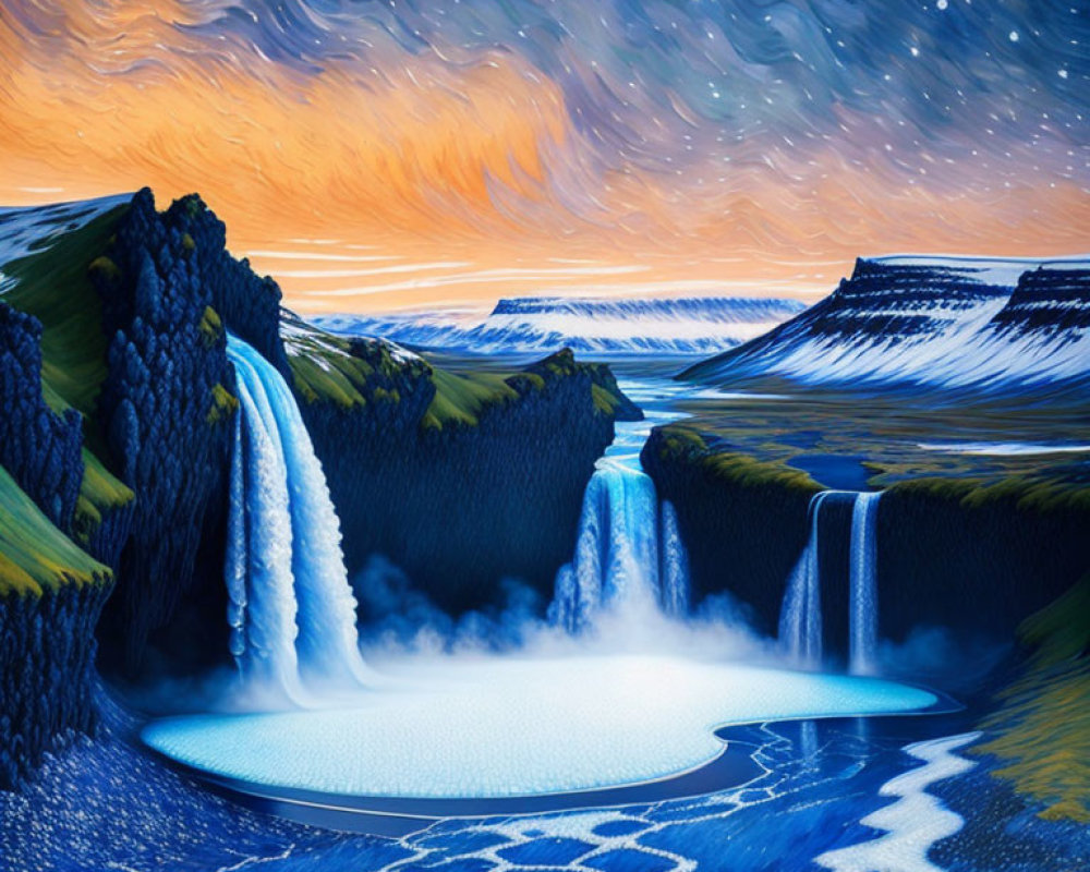 Majestic waterfall painting with starry sky & rock formations