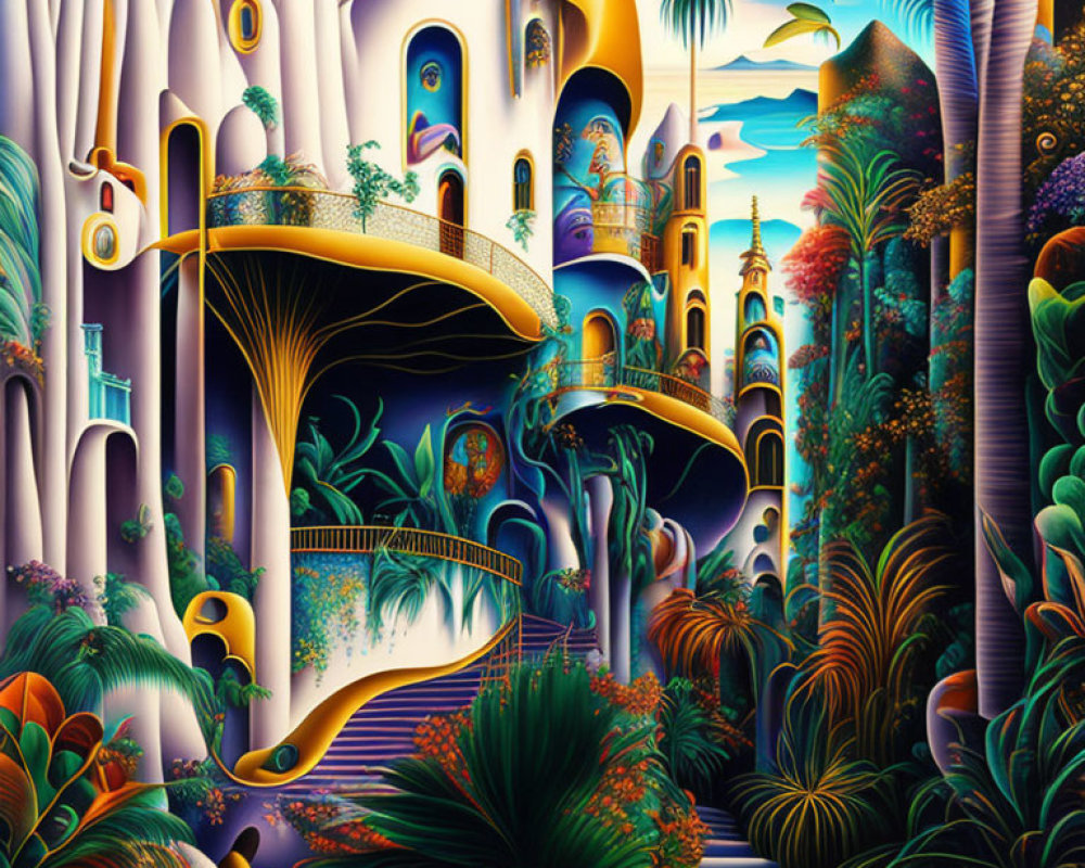 Fantastical landscape with curved buildings and exotic flora at sunset
