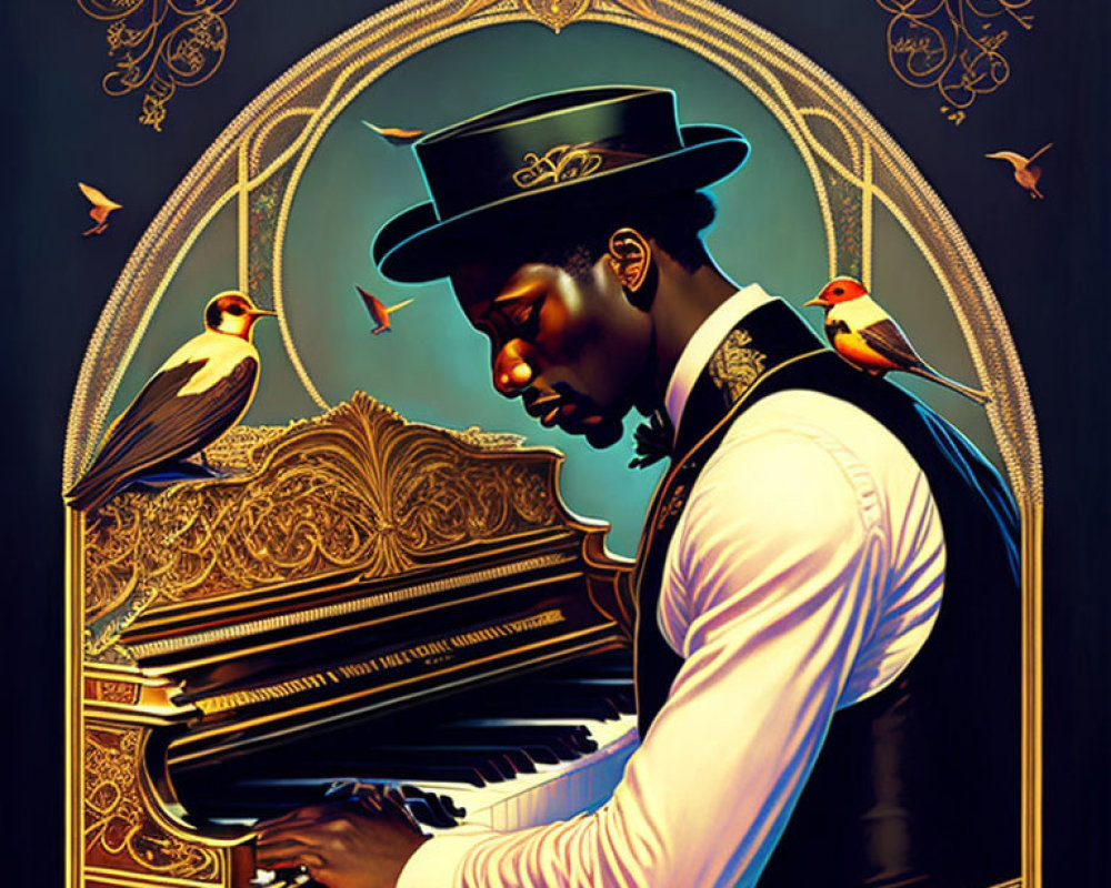 Elegantly Dressed Man Playing Grand Piano with Golden Patterns