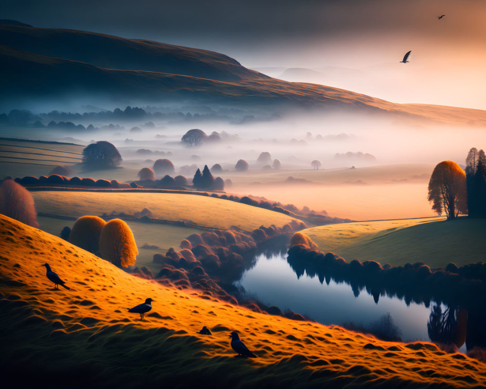Tranquil sunrise landscape with mist, river, hills, trees, and birds in golden light