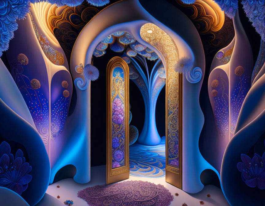 Fantastical illustration of magical hallway with ornate glowing door and swirling blue and golden walls.