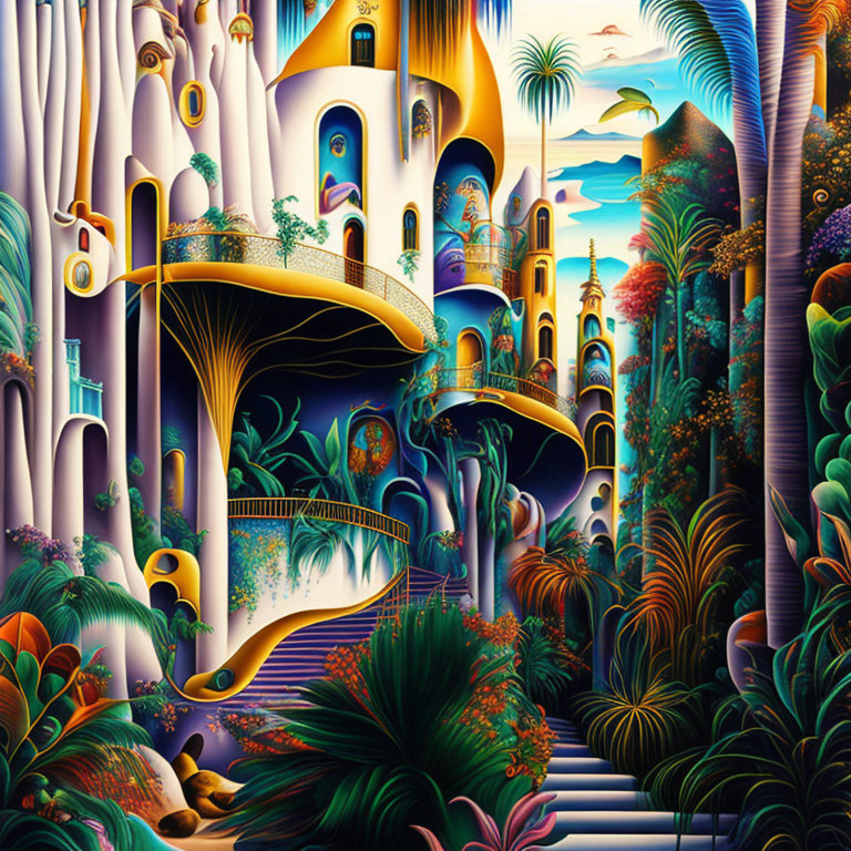 Fantastical landscape with curved buildings and exotic flora at sunset