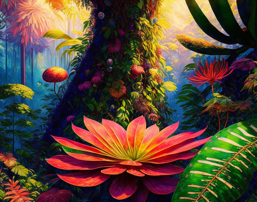 Colorful Jungle Scene with Bright Pink Flower and Lush Foliage