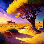 Colorful surreal landscape with large tree, flowers, winding path, house, desert backdrop, sunset sky
