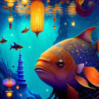 Colorful underwater scene with whimsical fish, lanterns, and pagoda in mystical blue light