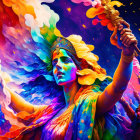 Colorful Holi celebration artwork featuring a woman in vibrant powders