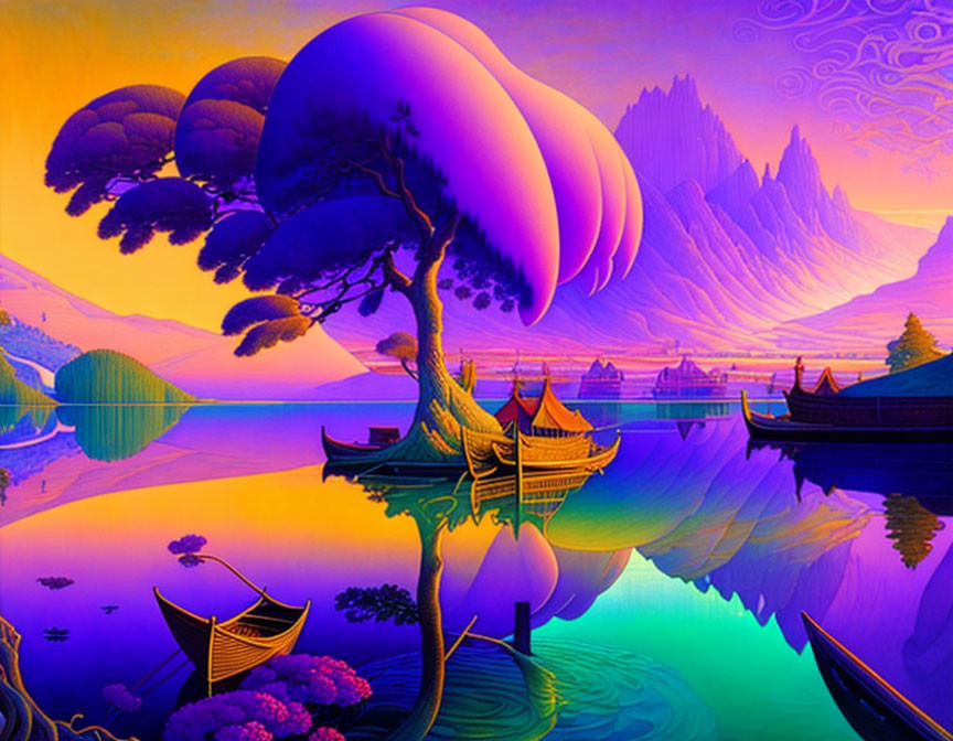 Colorful artwork: purple tree, boats, mountains, sunset sky, reflective water