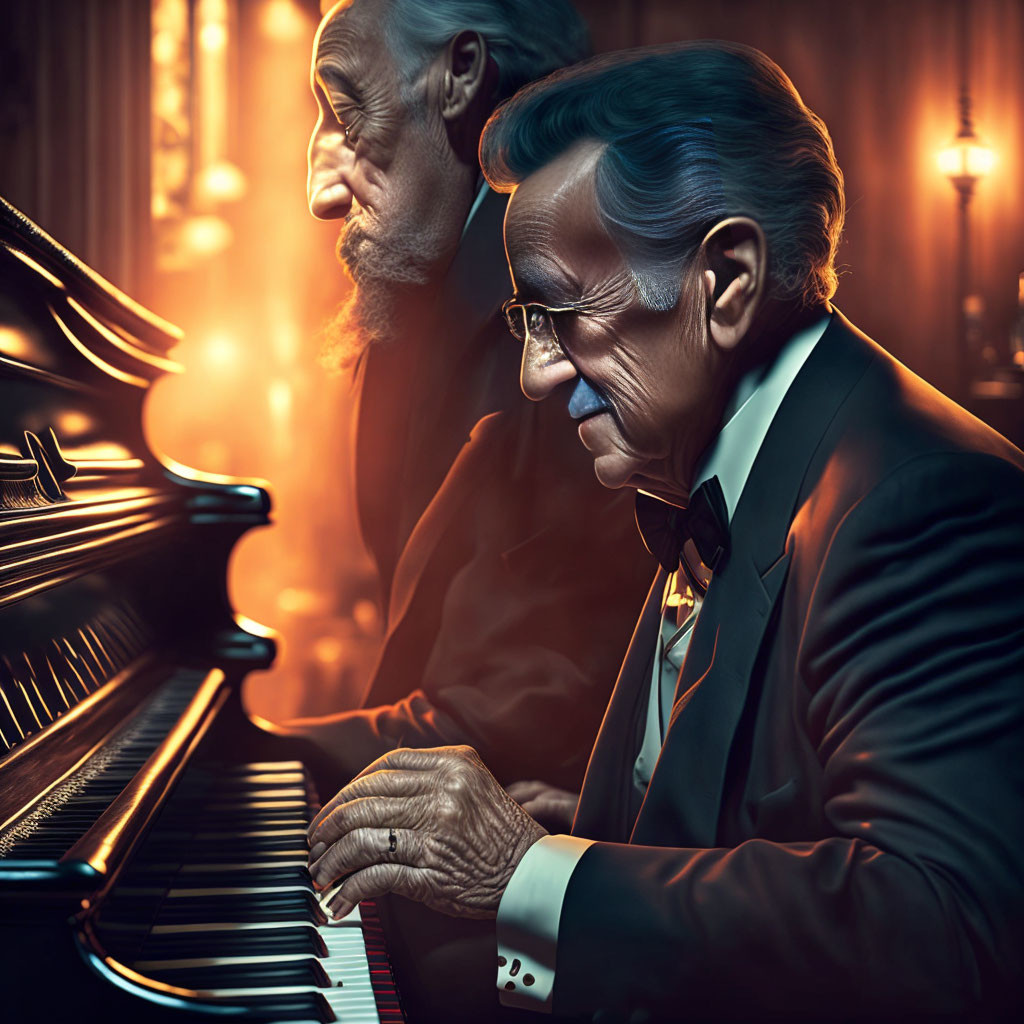 Elderly men in suits playing grand piano in dimly lit room