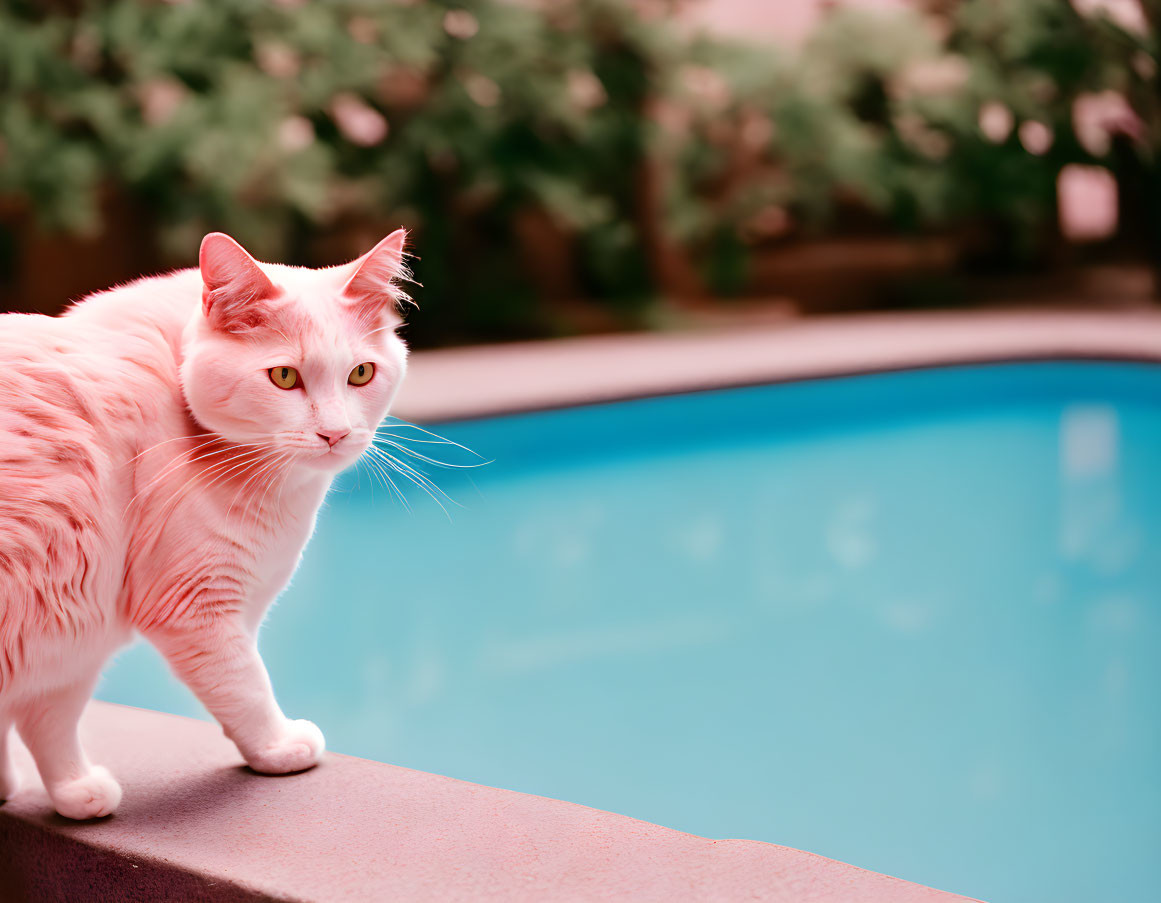Alert orange cat on pool edge with turquoise blue water backdrop