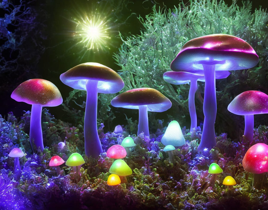Bioluminescent mushrooms in vibrant forest scene