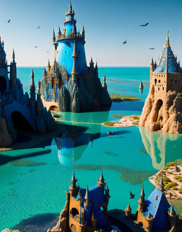 Ornate castles in a fantasy landscape with turquoise waters, boats, and flying birds under a
