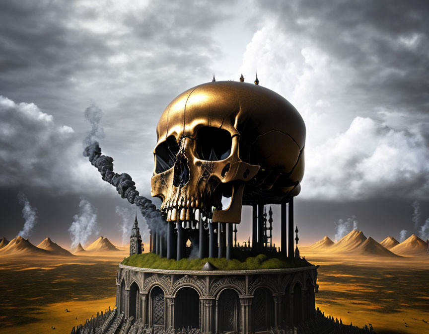 Surreal image of golden skull on Gothic cathedral in desert landscape