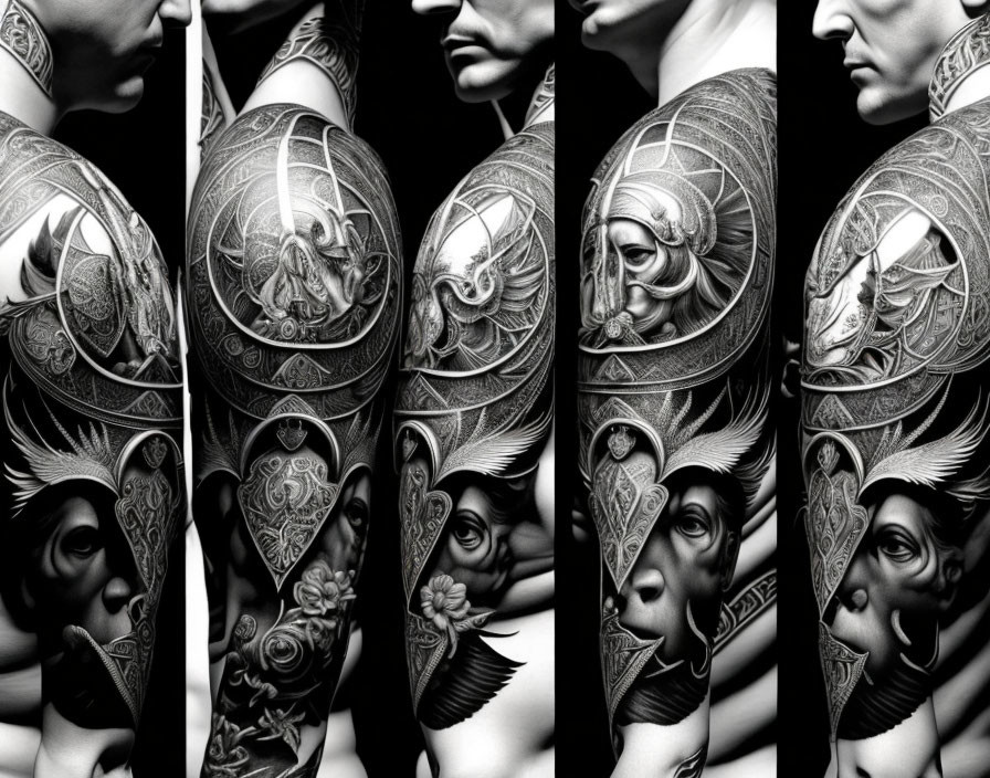 Mirrored black and white tattoo designs on arms with intricate patterns.
