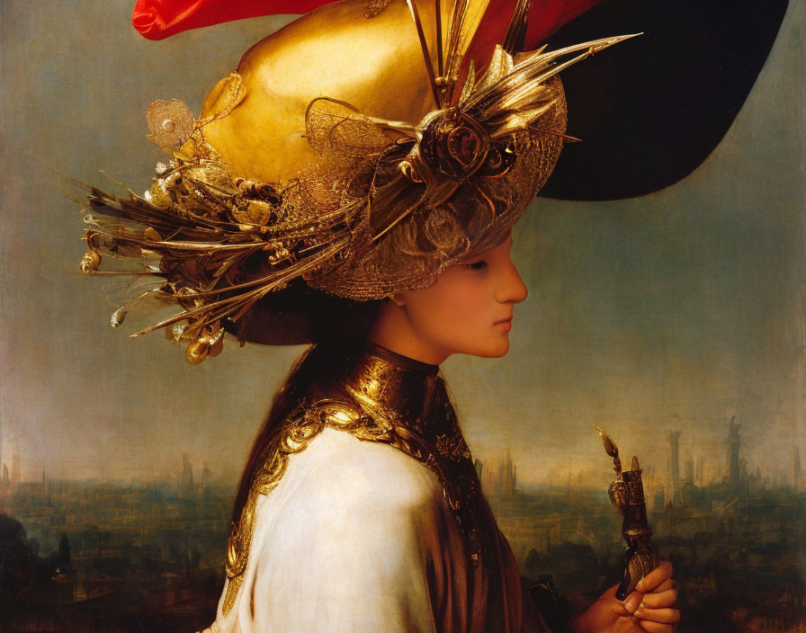 Elaborate Golden Headdress Portrait Against Cityscape