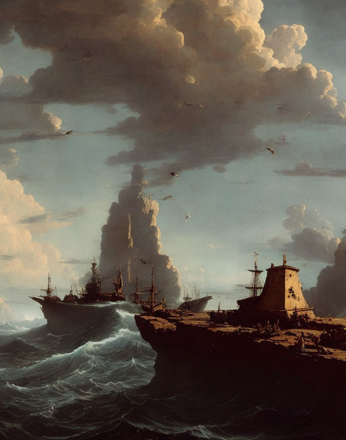Seascape oil painting of sailing ships near rocky coastline