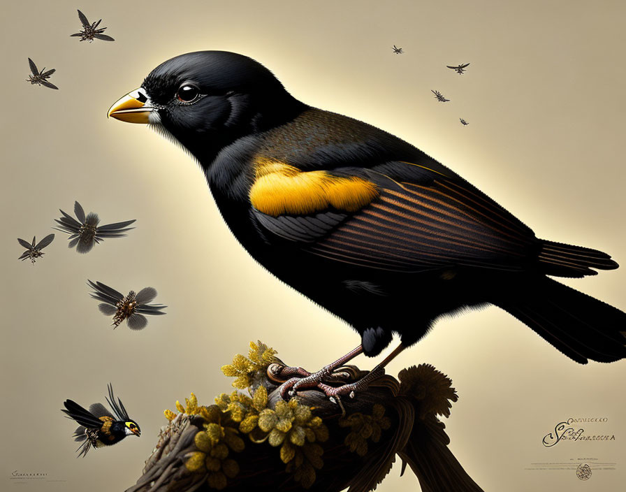 Detailed illustration: Black bird with yellow wing patches on branch, small flying insects in background