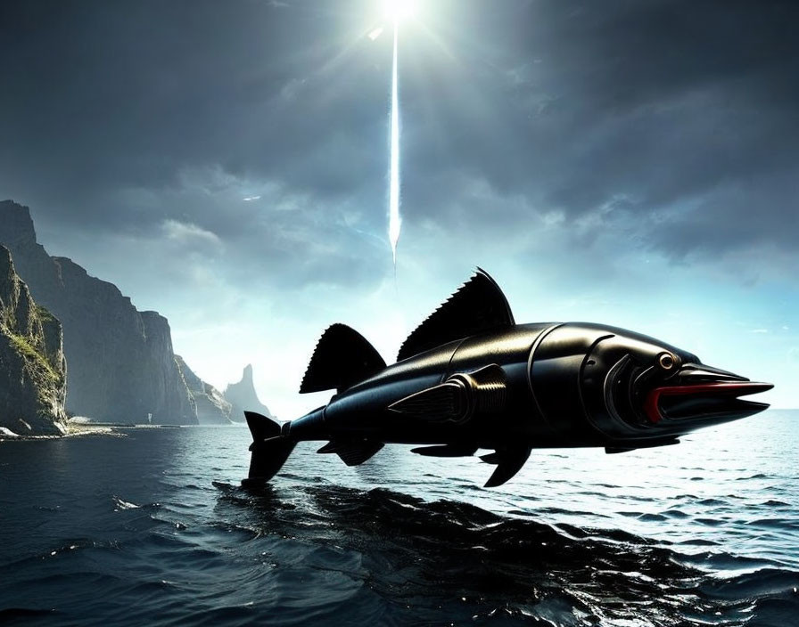 Futuristic fish-shaped submarine near towering cliffs under a beam of light