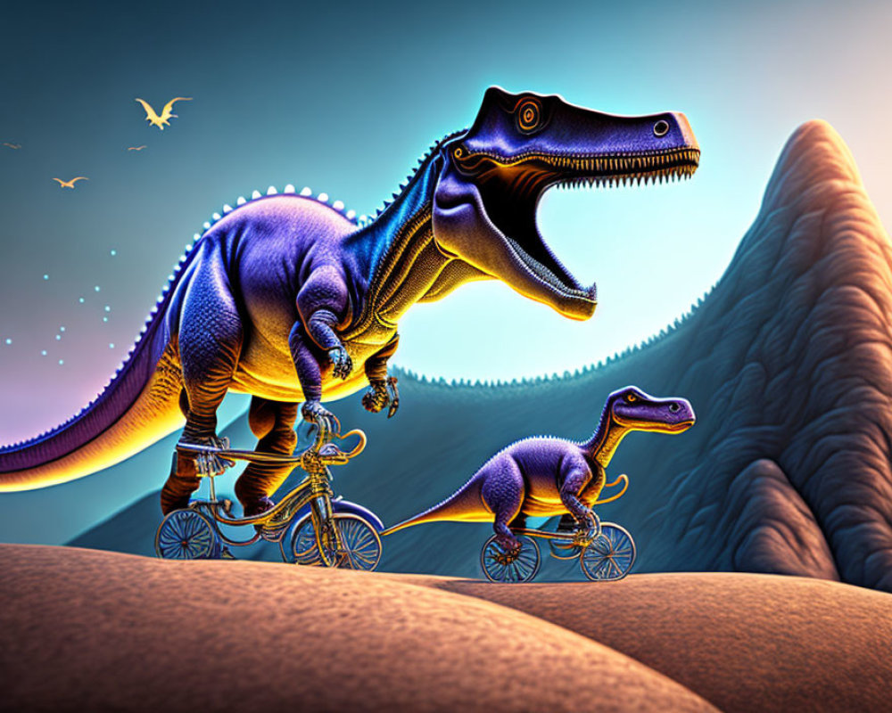 Velociraptors on Bicycles in Colorful Surreal Scene