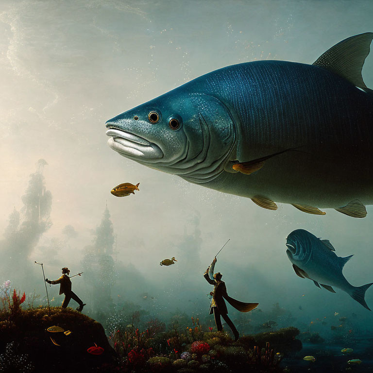 Vivid underwater scene with people and giant fish in surreal setting