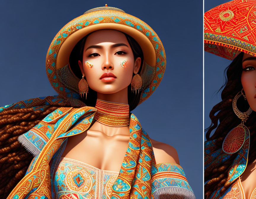 3D Rendered Portrait of Woman in Ethnic Attire Under Blue Sky