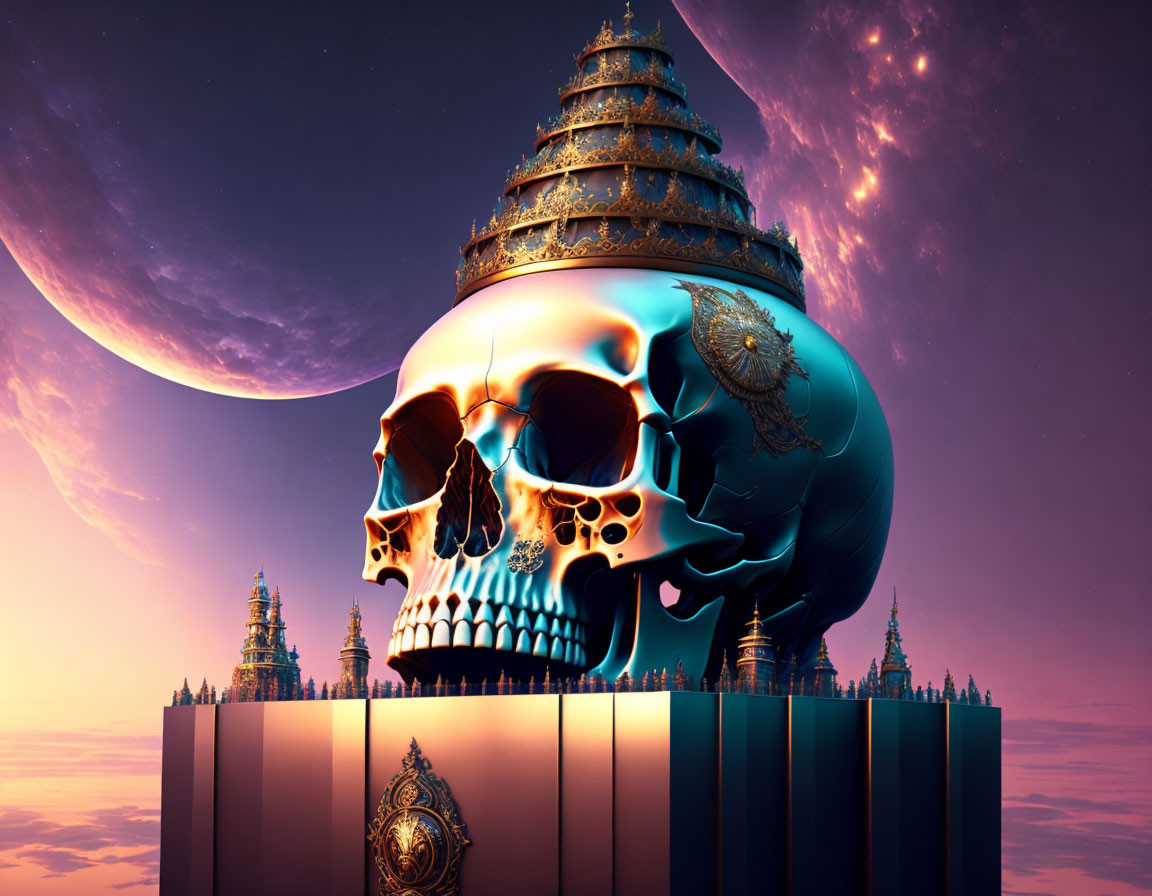 Large Ornate Golden Skull with Temples on Purple Sky & Crescent Moon