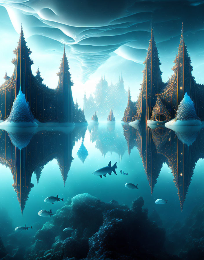 Underwater Fantasy Scene with Illuminated Castle-Like Structures, Sharks, Fish, and Coral