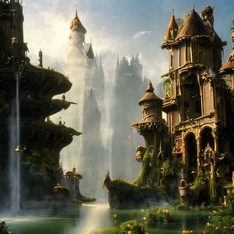 Majestic castle spires in enchanted fantasy landscape