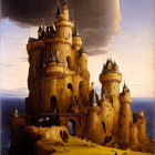 Fantastical painting of castle on rock formations under dramatic sky