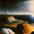 Surreal landscape featuring waterfall, desert dunes, moon, planet, and star