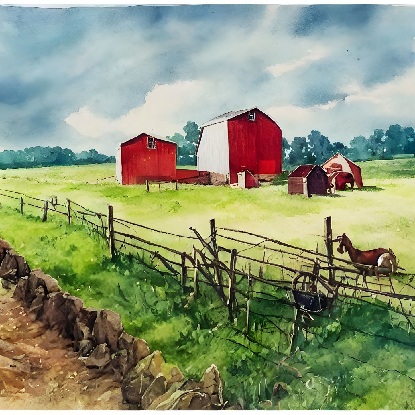 Rural watercolor painting: red barn, horse, stormy sky