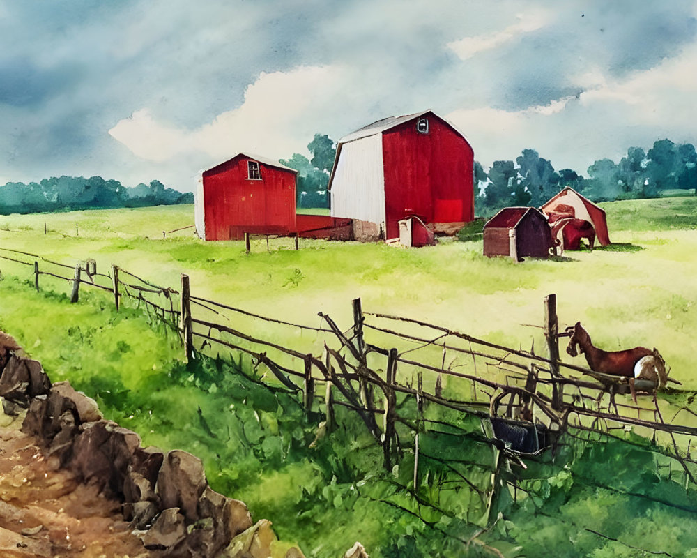 Rural watercolor painting: red barn, horse, stormy sky