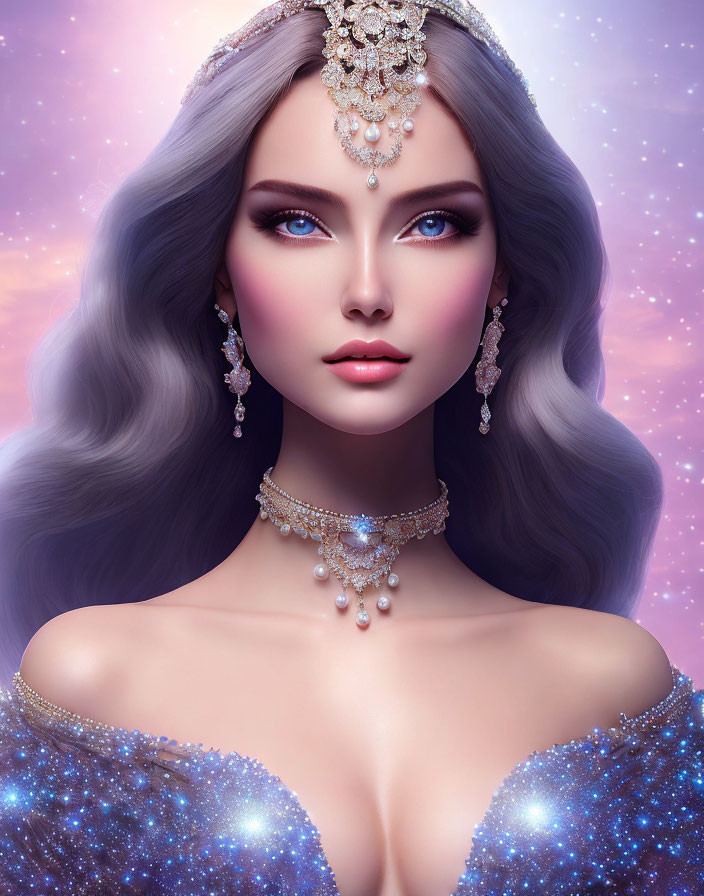 Digital illustration: Woman with blue eyes, grey hair, in shimmering blue dress & silver jewelry