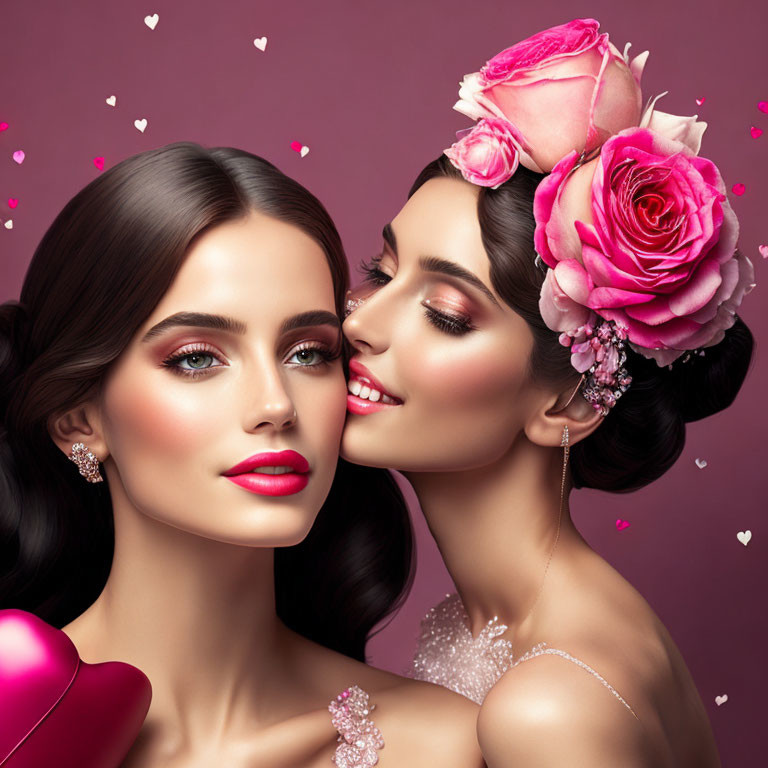 Two women with elegant makeup and roses in hair on pink background surrounded by hearts