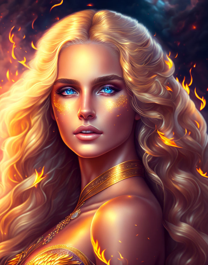 Fantasy portrait of a woman with golden hair and blue eyes in fiery setting